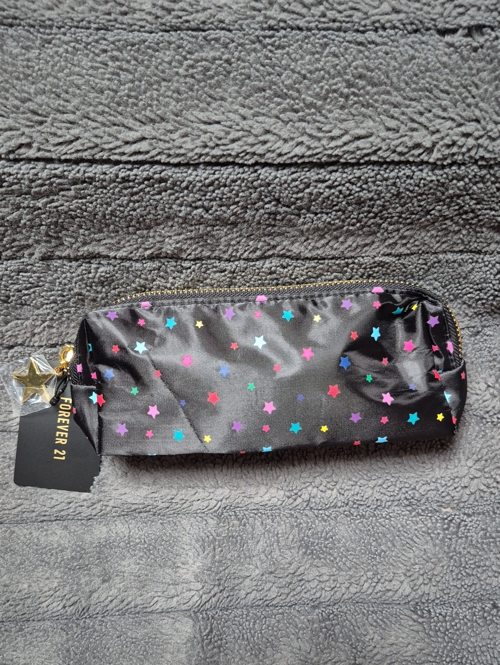 Black Star-Print Zippered Pouch with Star Charm New With Tags